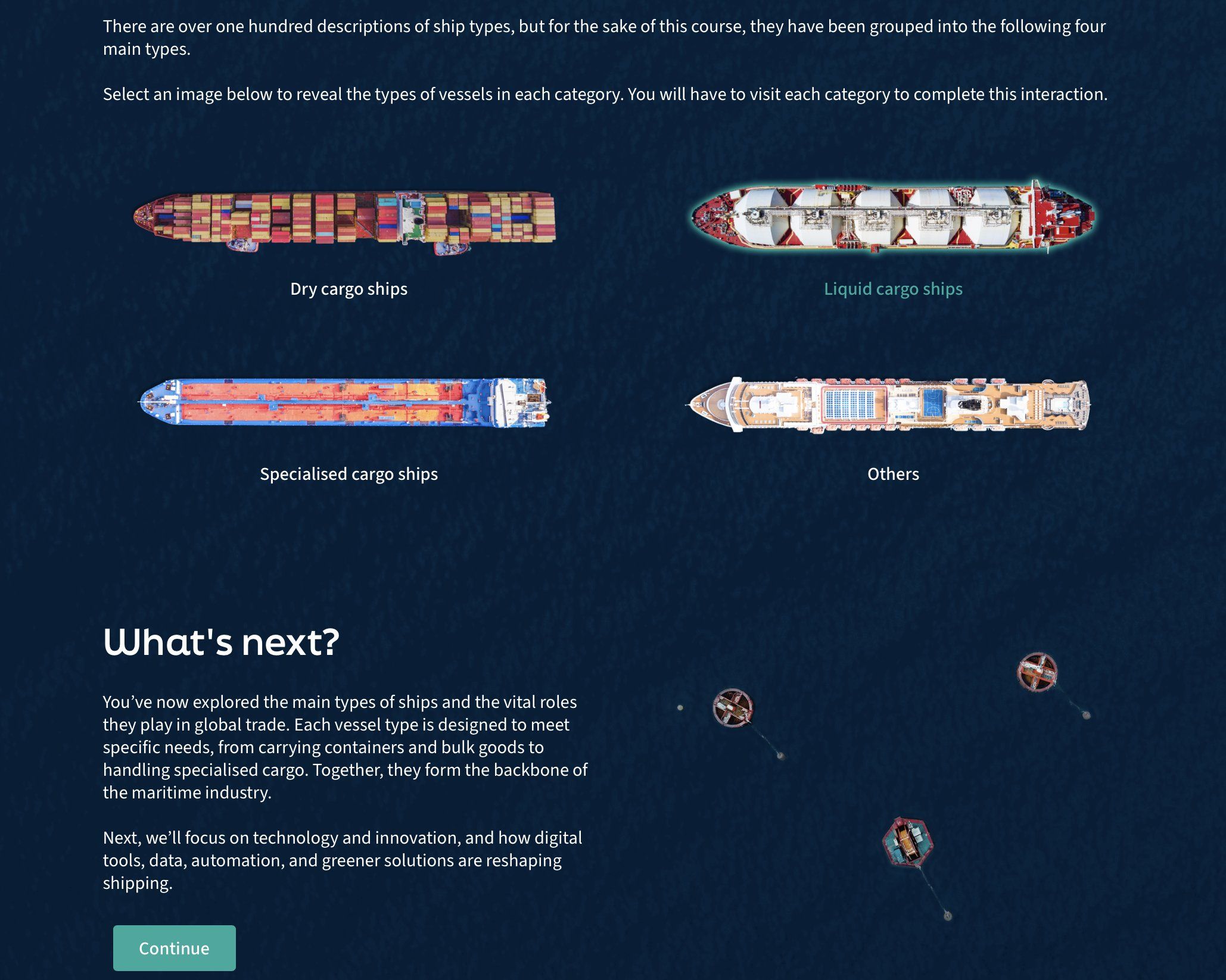 Interaction with four cut-out aerial photos of ships, labelled dry cargo, liquid cargo, specialised cargo and others, above a "What's next?" section