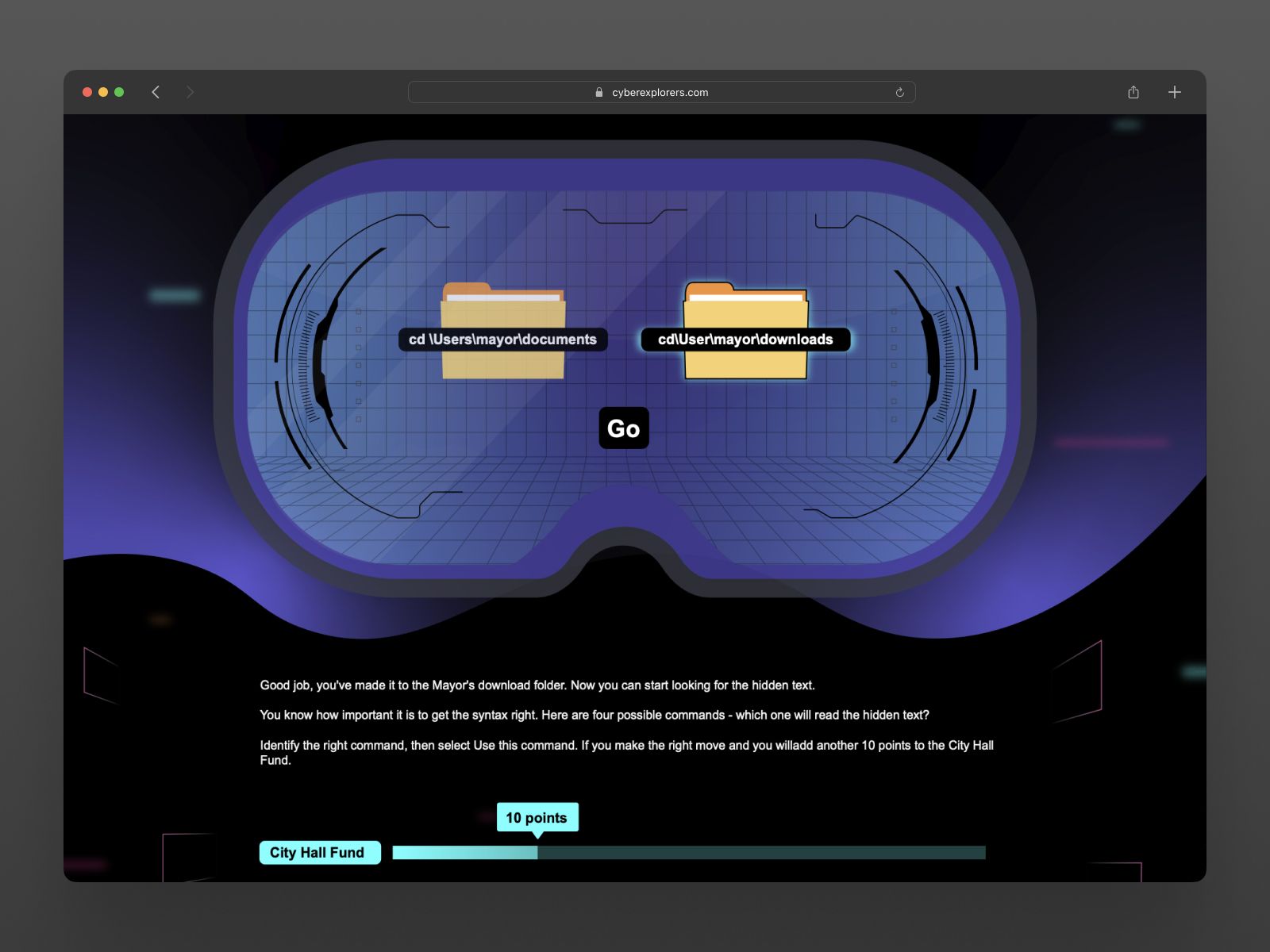 Virtual reality goggles view showing two folders labelled with cd commands and a Go button