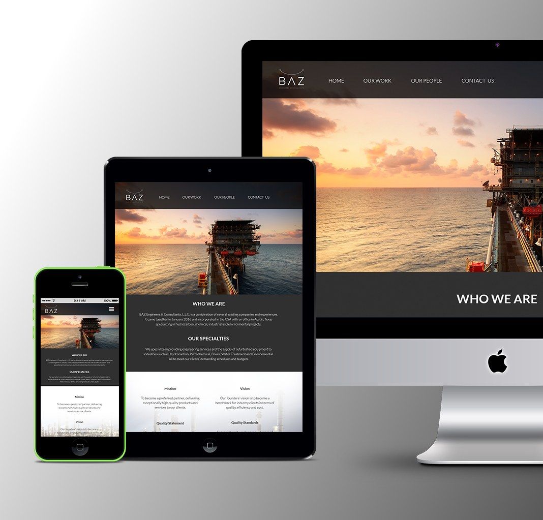 The BAZ website on a desktop, tablet and phone, with an offshore platform at sunset