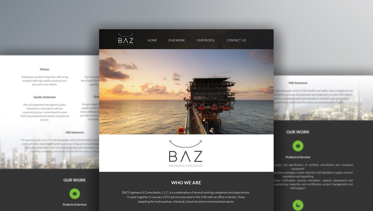BAZ website pages side by side, with sections for who we are and our work